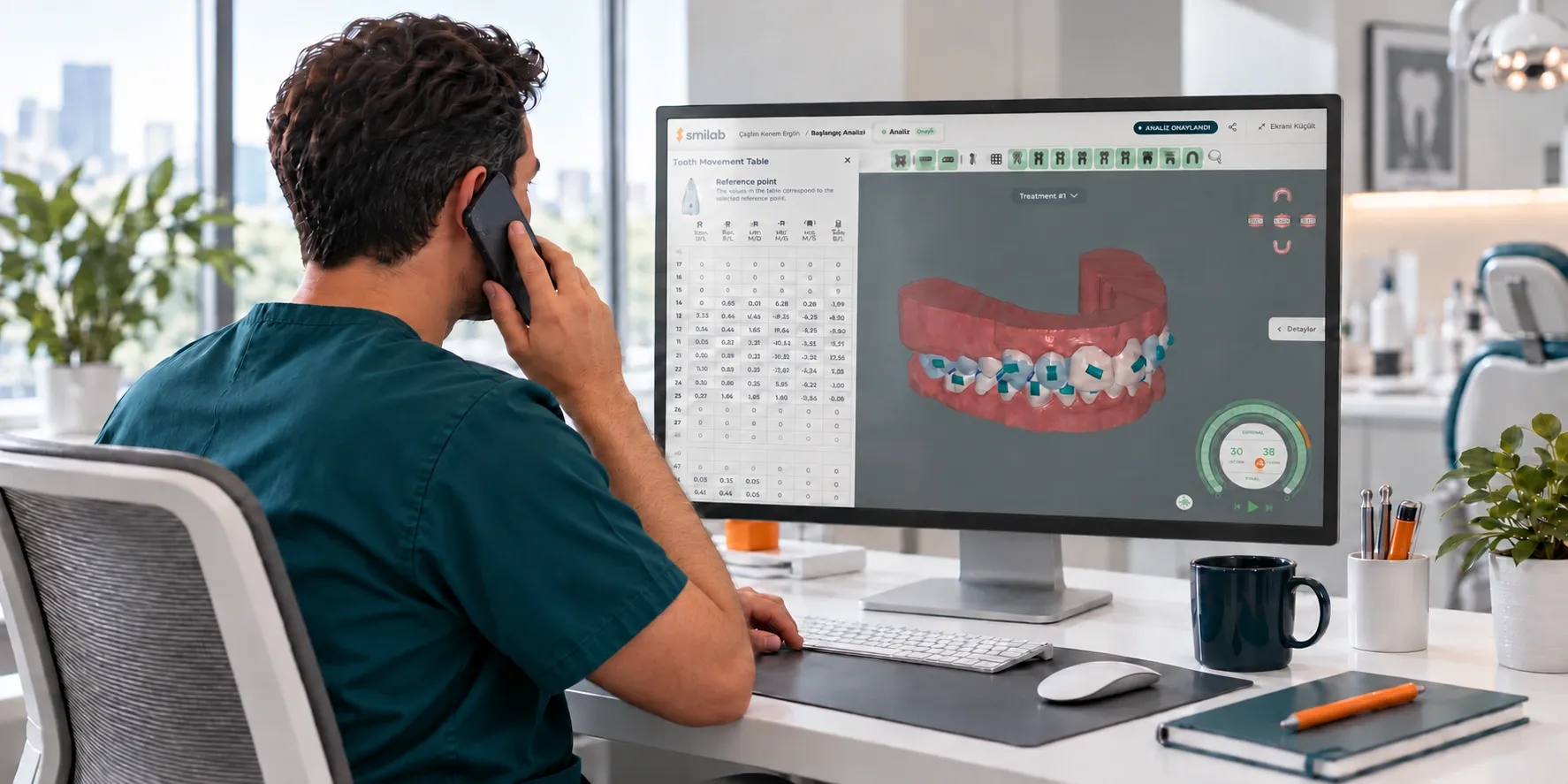 Beispielszene: Zahnarzt prüft die Smilab-Simulation im Vollbild und spricht dabei telefonisch mit einem klinischen Berater