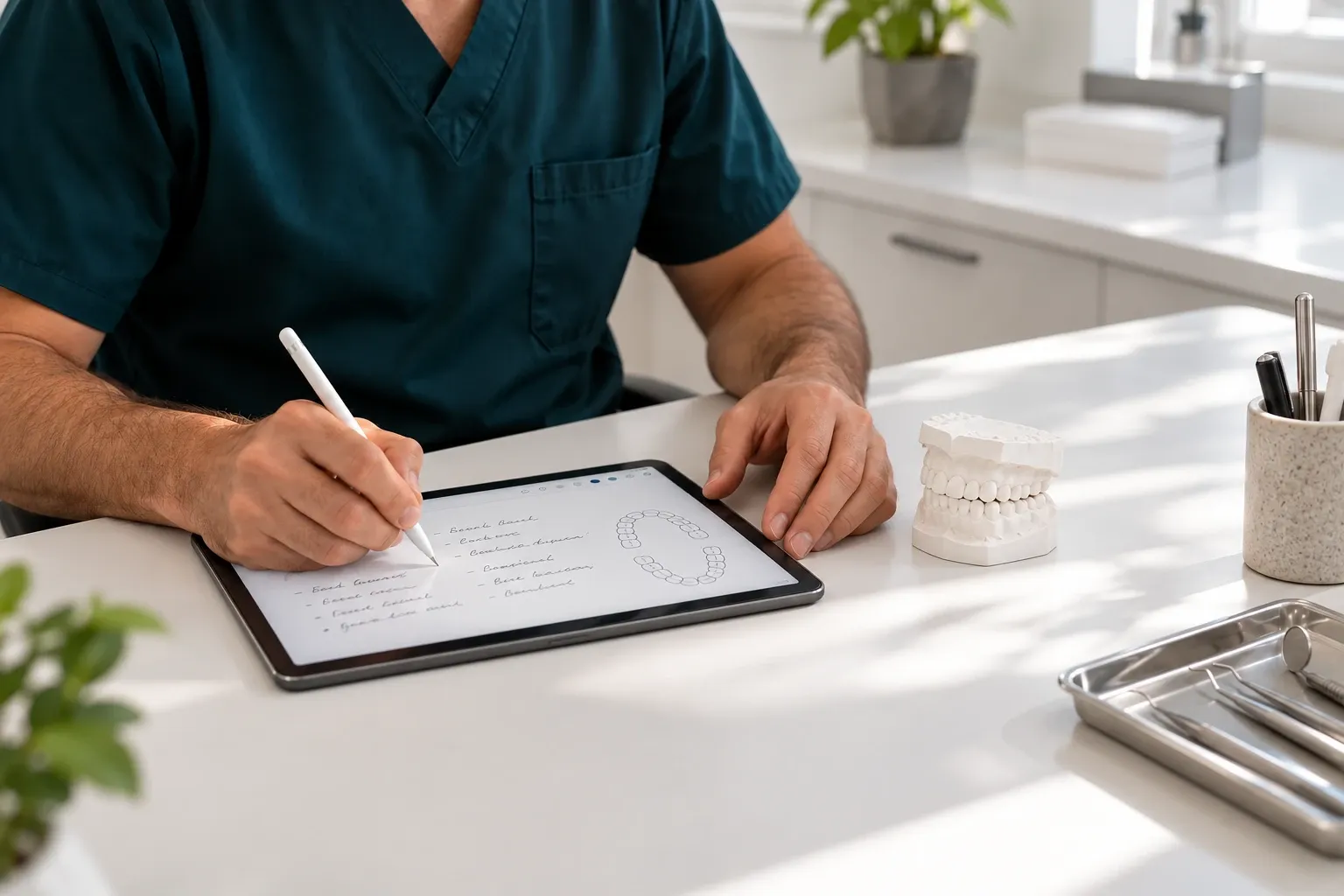 Beispielbild: Zahnarzt notiert Fallnotizen mit einem Stift auf einem Tablet