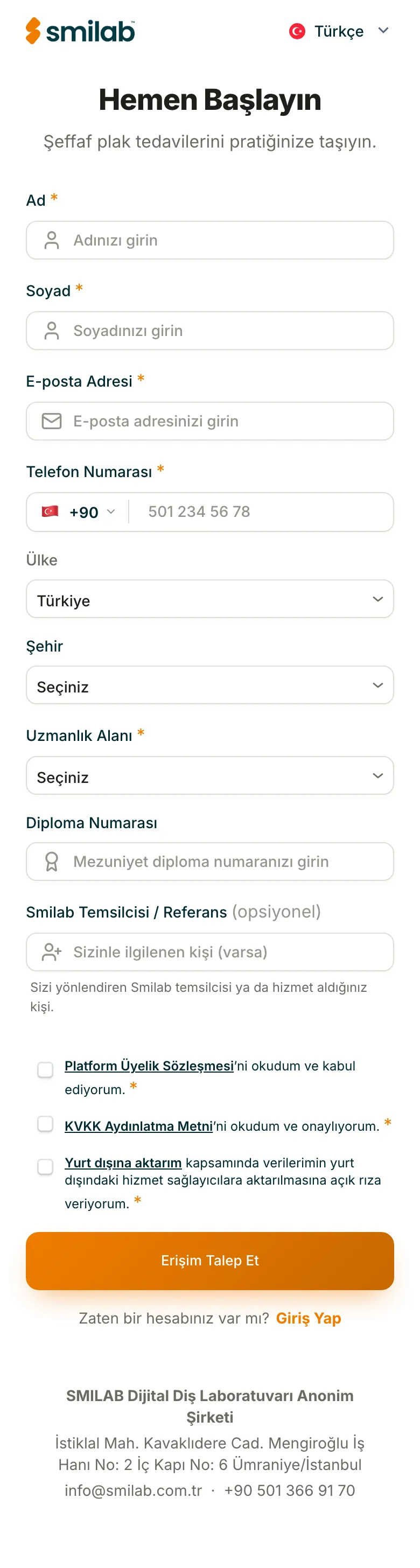 Portal kayıt formu: Erişim Talep Et.
