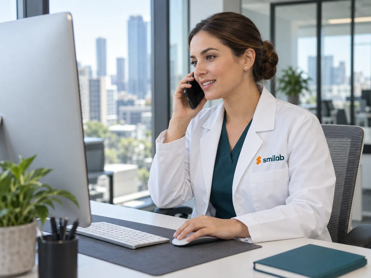 Representative image: a support team member in a white coat with the Smilab logo, speaking on the phone while looking at a monitor