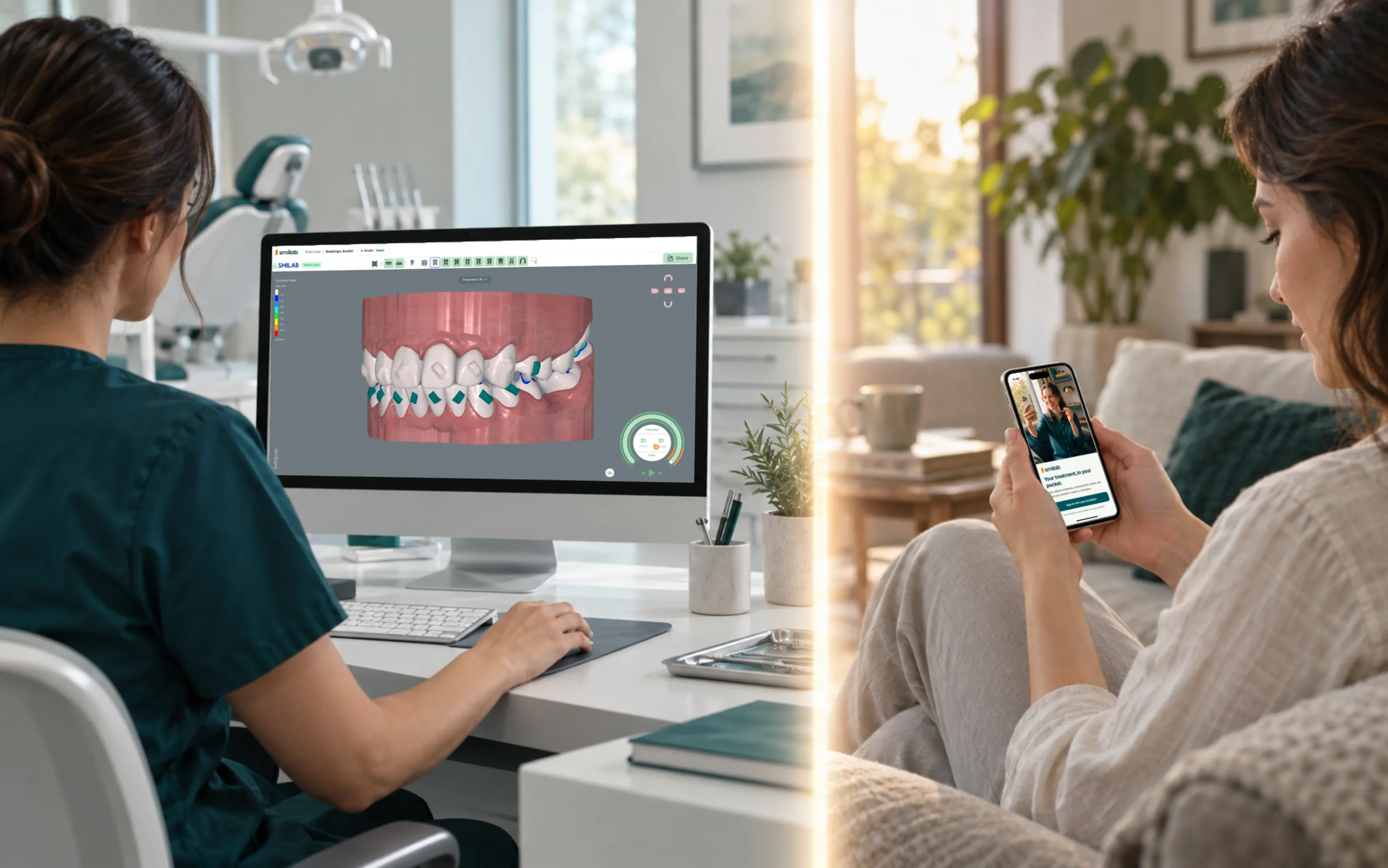 A dentist in the clinic and a patient using the app at home